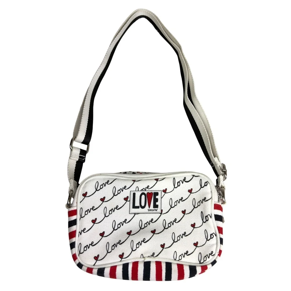 Brighton Love Scripted Canvas Crossbody Camera Bag Heart Striped Sporty Travel